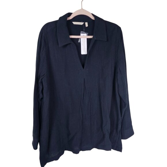 Soft Surroundings Cotton Gauzy Tunic 1X VNeck Collared Pleated Relaxed Lagenlook - Picture 1 of 10